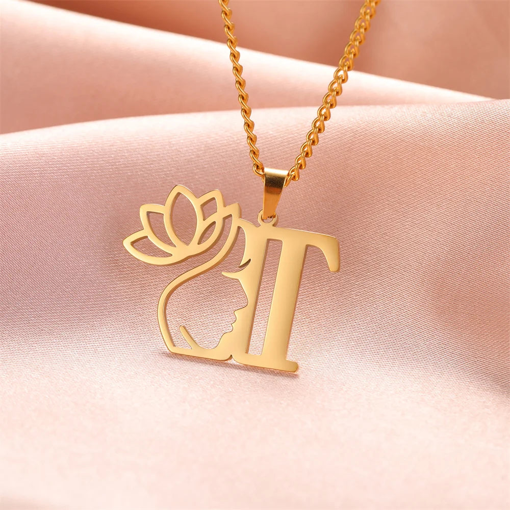 My Shape Beauty Lotus Flower Initials Necklace Women Girl Gifts Stainless Steel Letter Alphabet Pendants Choker Fashion Jewelry
