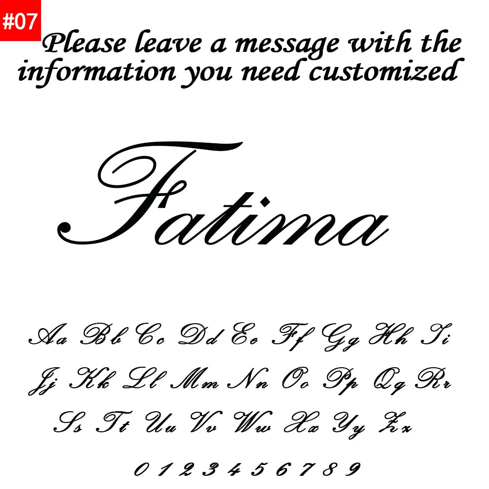 Calligraphy style text with the name 'Fatima' and customizable information on a white background.