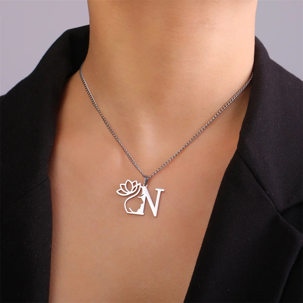 My Shape Beauty Lotus Flower Initials Necklace Women Girl Gifts Stainless Steel Letter Alphabet Pendants Choker Fashion Jewelry
