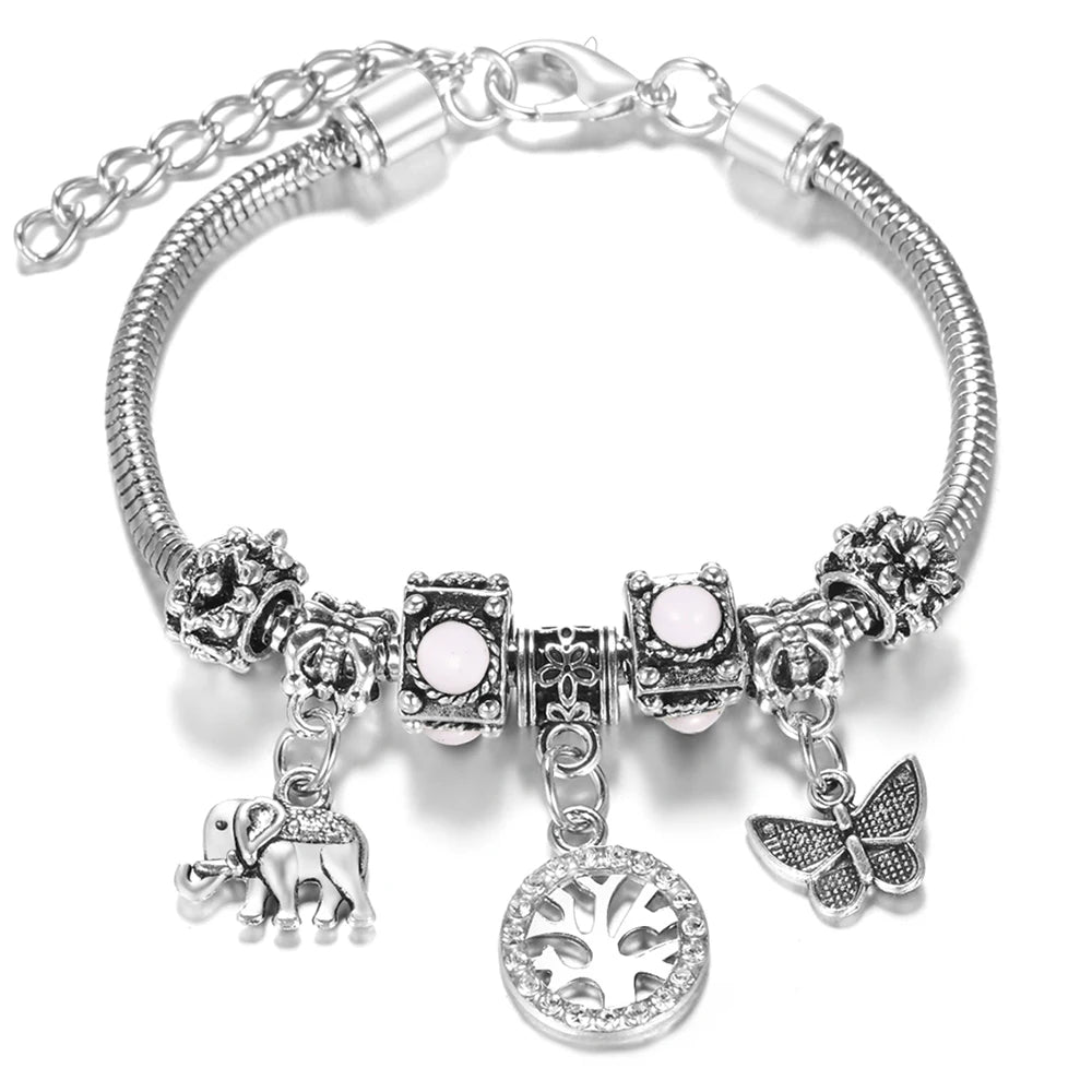 Multi Style Rhinestone 6 Color Beaded Bangle Lobster Buckle Adjustable Snake Chain Elephant Bracelet Pendant Woman Jewelry Gift