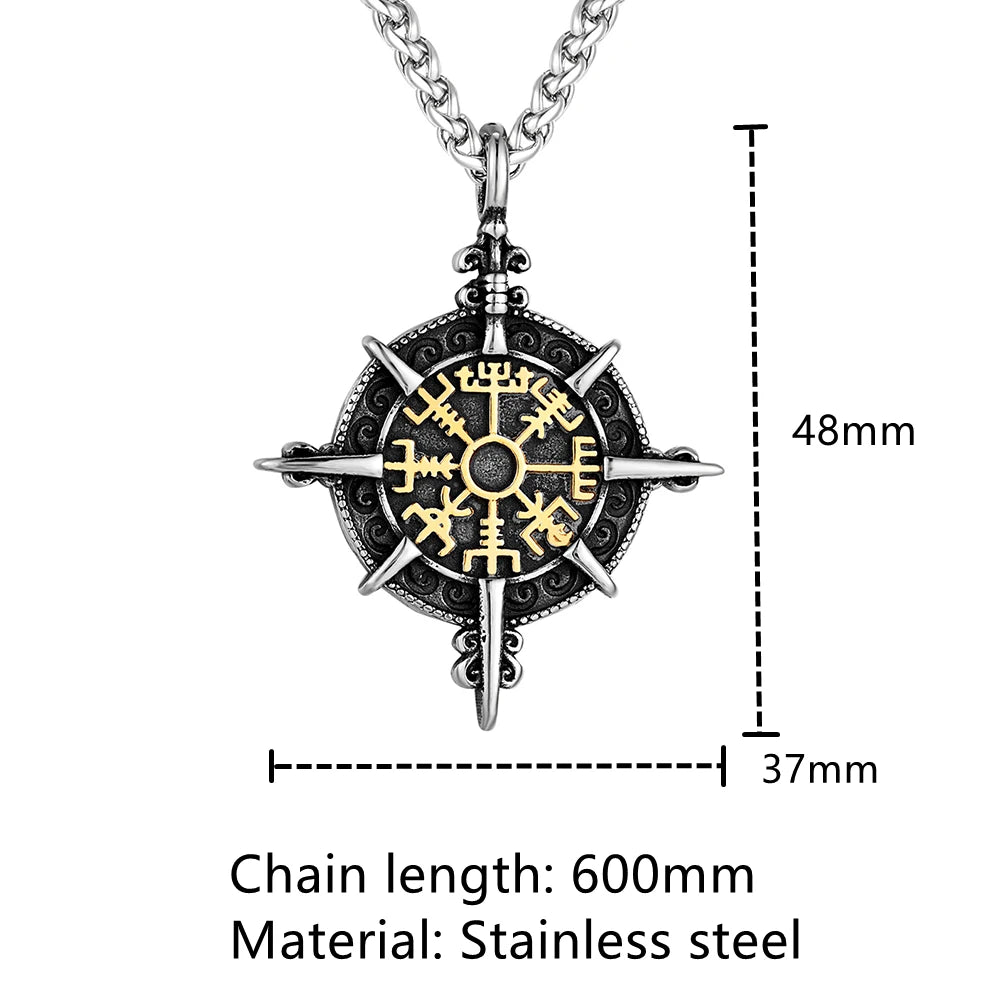 Retro Gold Color Vikings Compass Necklace Men Antique Stainless Steel Norse Rune Amulet Pendant Vegvisir Homme Icelandic Jewelry