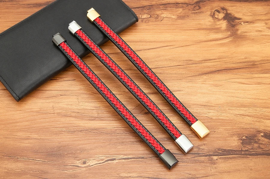 XQNI Black & Red Braided Rope Leather Bracelet Men Stainless Steel Charm Jewelry Bangle for Friend Couple Birthday New Year Gift
