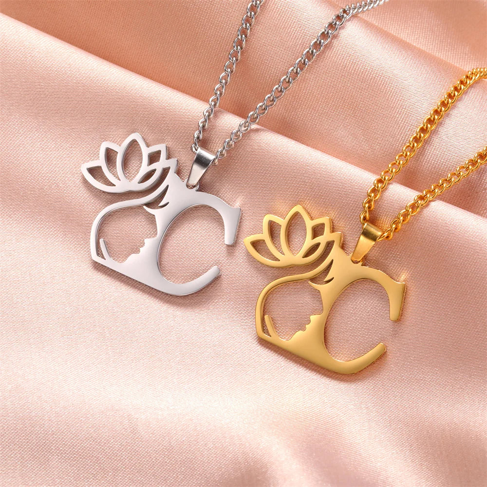 My Shape Beauty Lotus Flower Initials Necklace Women Girl Gifts Stainless Steel Letter Alphabet Pendants Choker Fashion Jewelry