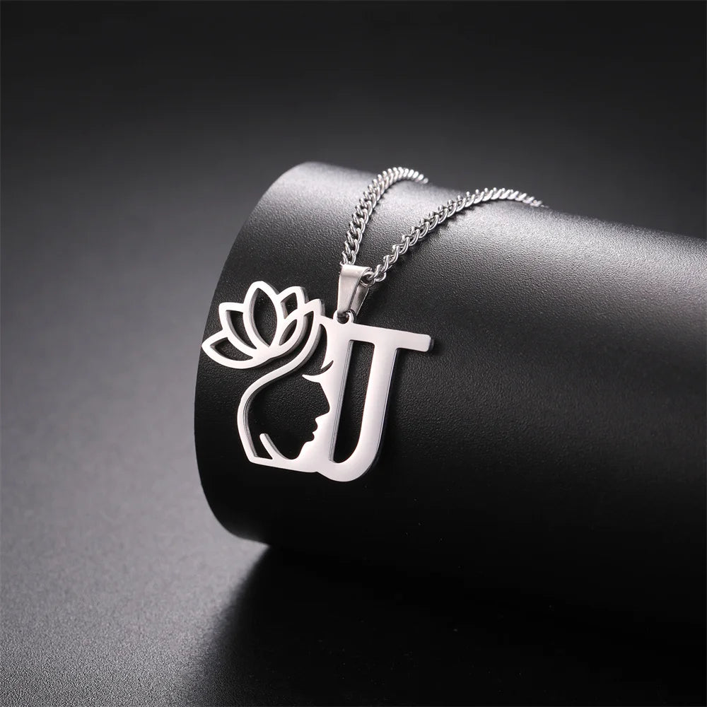 My Shape Beauty Lotus Flower Initials Necklace Women Girl Gifts Stainless Steel Letter Alphabet Pendants Choker Fashion Jewelry