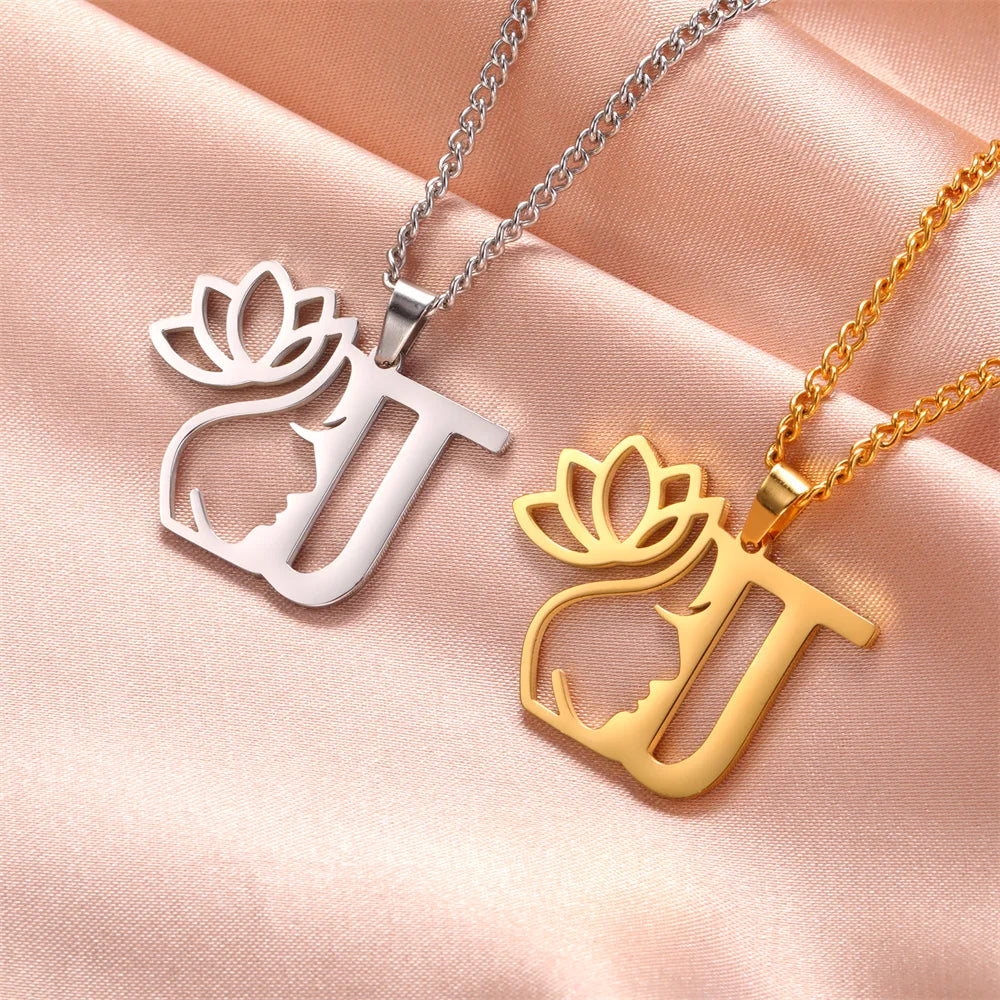 My Shape Beauty Lotus Flower Initials Necklace Women Girl Gifts Stainless Steel Letter Alphabet Pendants Choker Fashion Jewelry