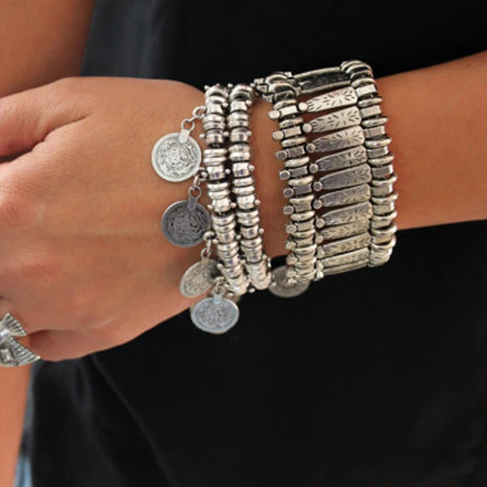 Vintage Silvery Golden Coins Bracelet for Women Men Boho Hippie Beach Party Afghan Turkish Marseille Ethnic Bracelets Jewelry
