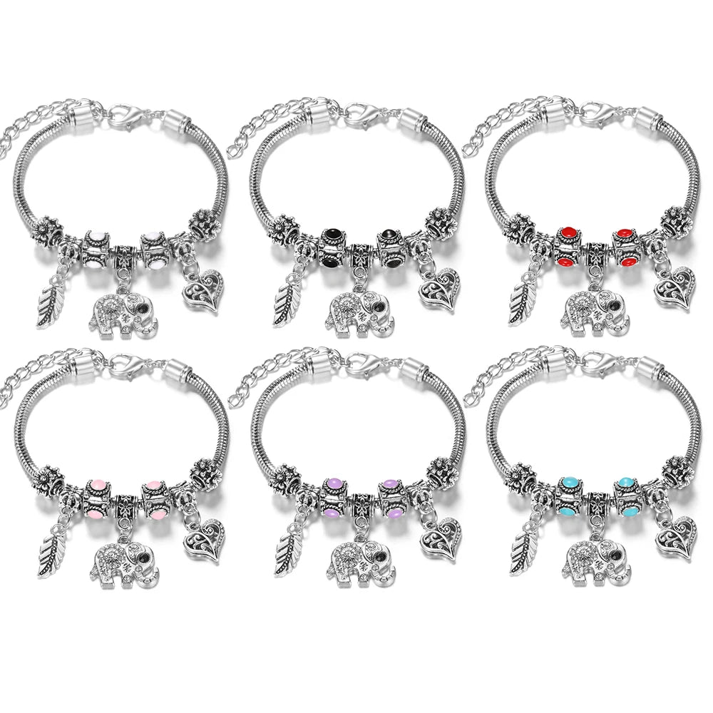 Multi Style Rhinestone 6 Color Beaded Bangle Lobster Buckle Adjustable Snake Chain Elephant Bracelet Pendant Woman Jewelry Gift