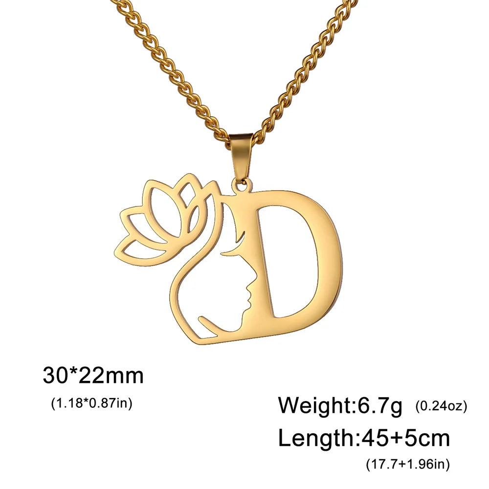 My Shape Beauty Lotus Flower Initials Necklace Women Girl Gifts Stainless Steel Letter Alphabet Pendants Choker Fashion Jewelry