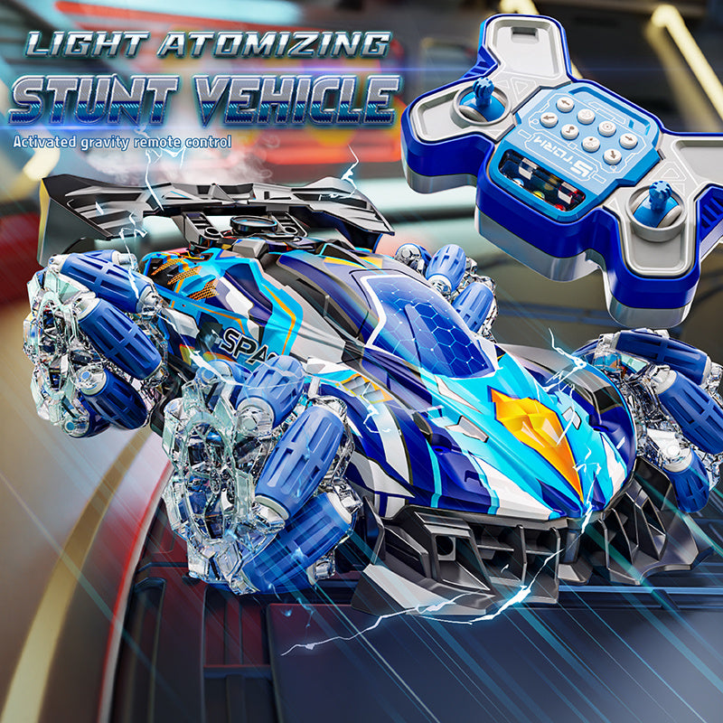 Light atomizing stunt vehicle with control panel on a dark background