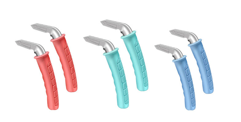 Three color options of portable vehicle support handles in red, teal, and blue, each with a solid metal tip and ergonomic non-slip grip.