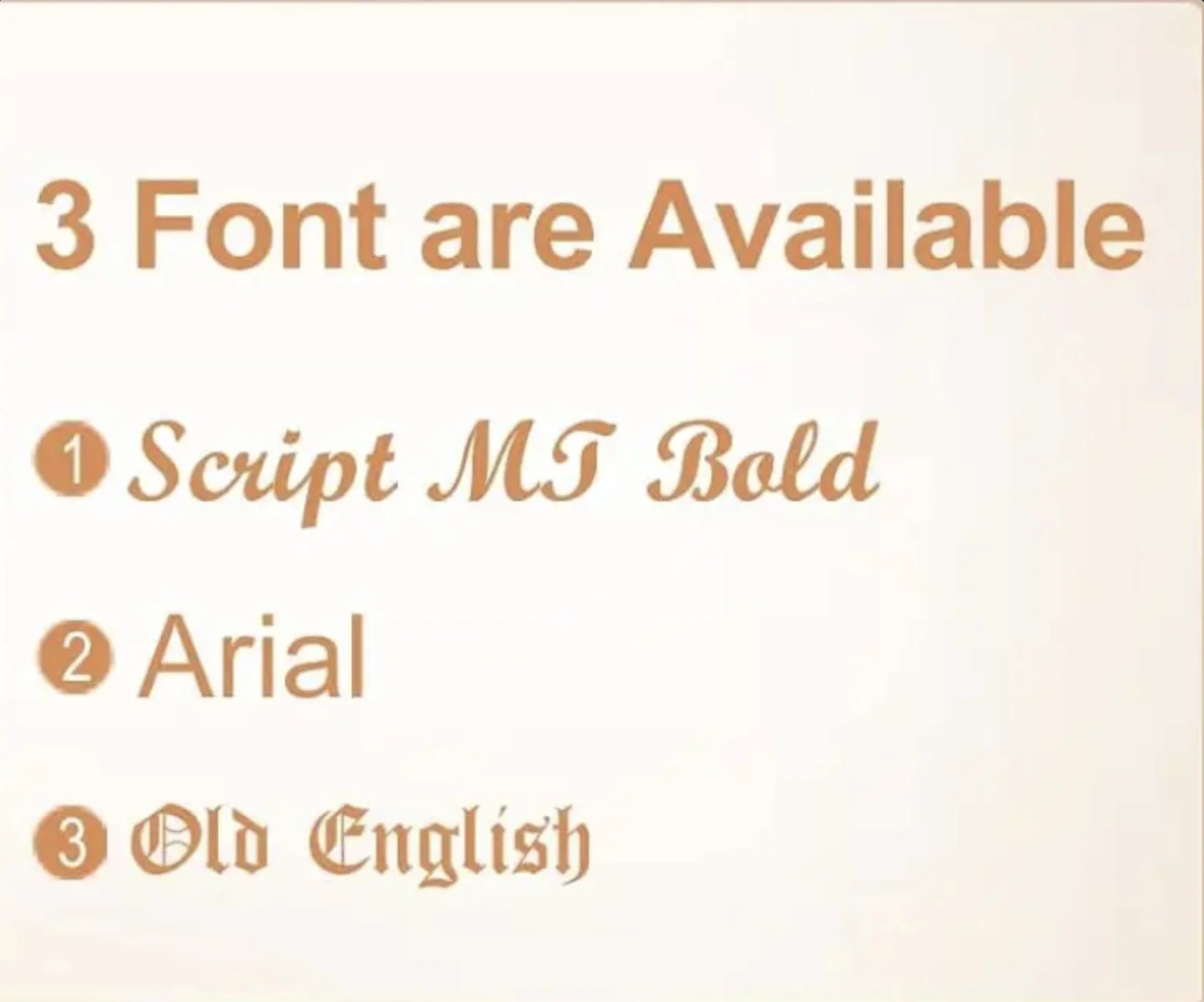 Text displaying three font options: Script MT Bold, Arial, and Old English on a beige background.