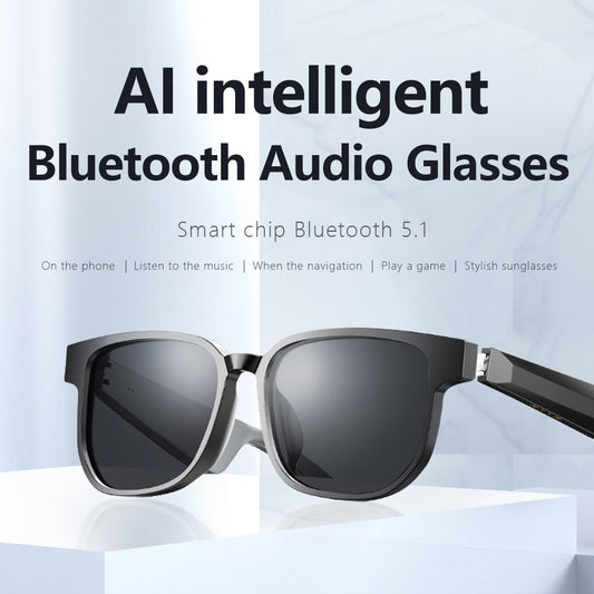 A pair of black smart Bluetooth audio glasses with a square design, promoting features such as music listening and phone call functionality.