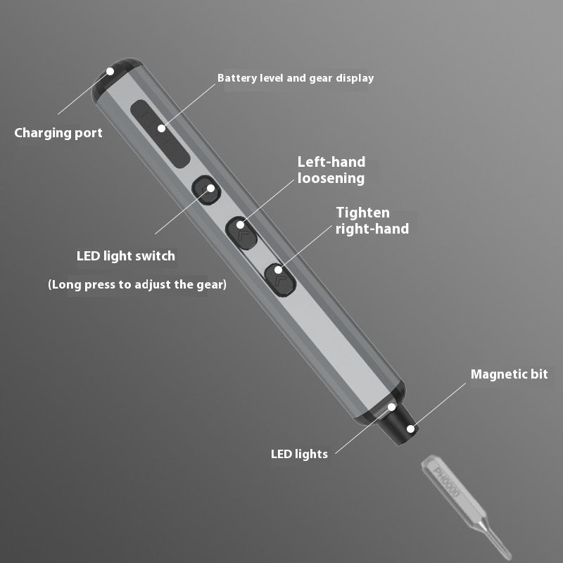 Labeled diagram of a precision electric screwdriver showing the charging port, battery level and gear display, LED light switch, directional control buttons (left-hand loosen, right-hand tighten), LED lights, and magnetic bit.