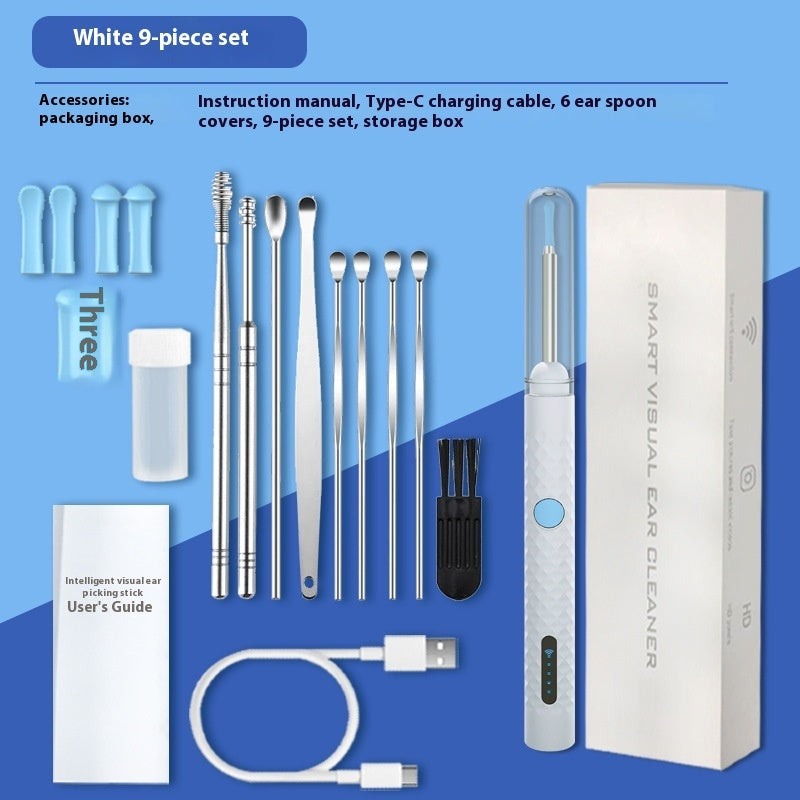 White 9-piece smart visual ear cleaner kit with camera ear pick, metal ear tools, silicone tips, USB Type-C charging cable, cleaning brush, storage bottle, user guide, and retail box.