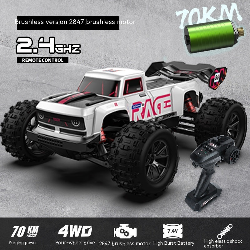 Remote control monster truck with specifications on a gray background