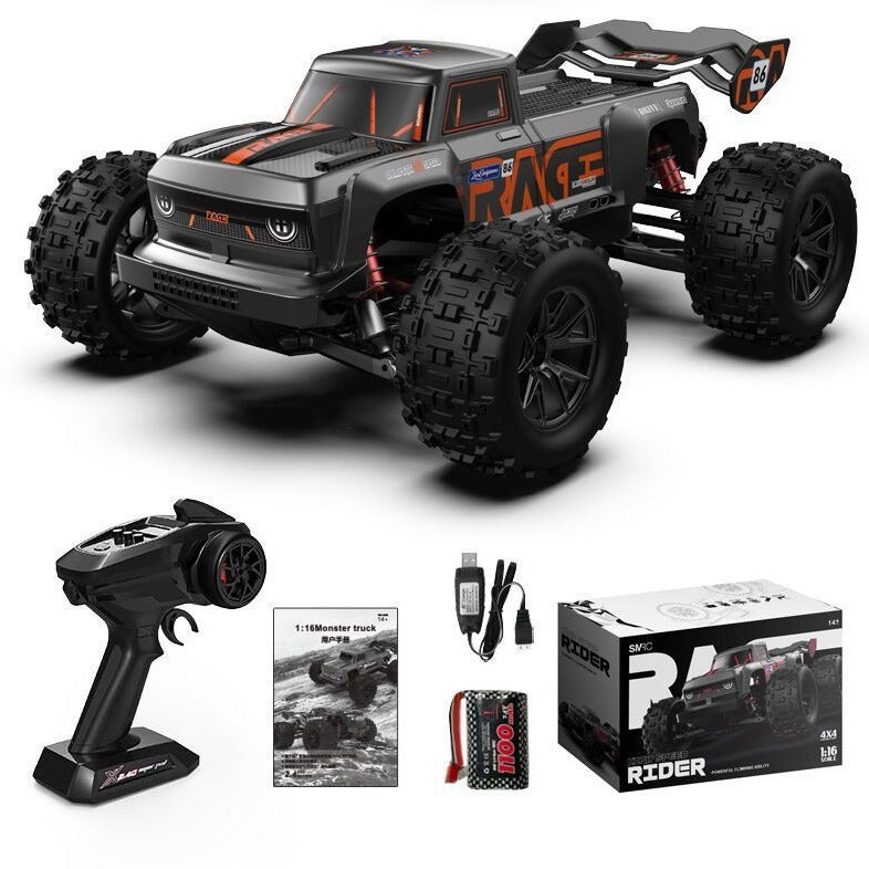 Racing truck with remote control, battery, and packaging on a white background