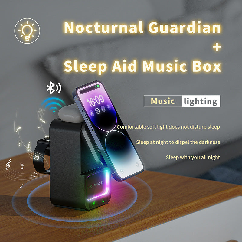 A Bluetooth speaker and a wireless charger integrated into a single device, A sleep aid and music box .