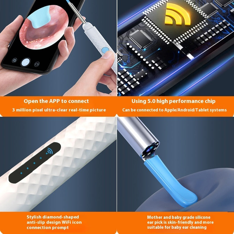 Smart ear cleaner highlights: real-time HD visuals via app, Bluetooth 5.0 chip for Apple/Android, anti-slip WiFi handle, and baby-safe silicone tip.