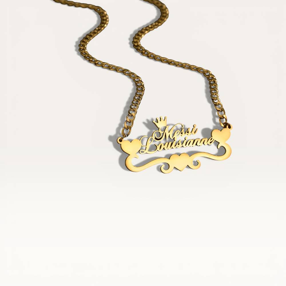 Gold necklace with 'Kleiss Lusiane' pendant on a white background