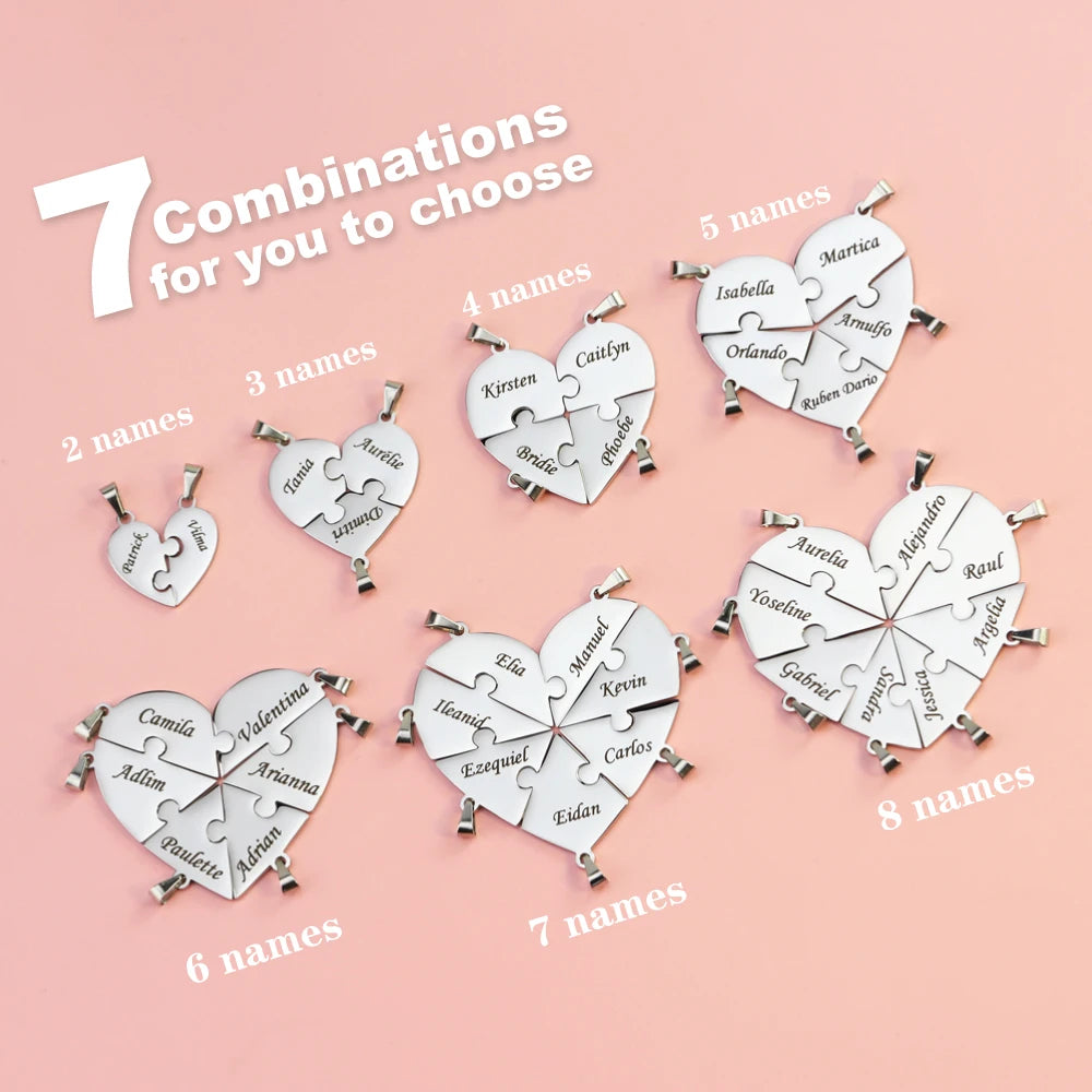 Heart-shaped puzzle name pendants with different name combinations on a pink background