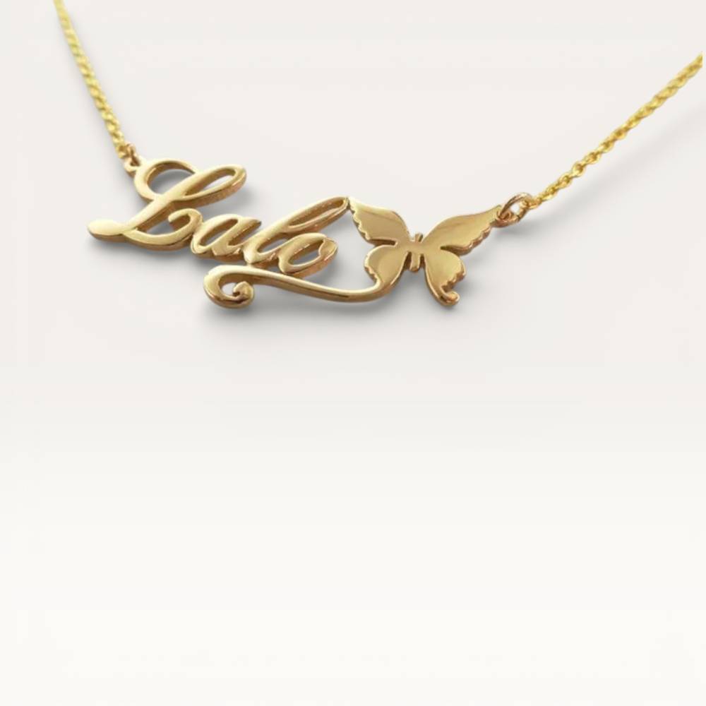 Gold necklace with 'Lale' pendant on a white background
