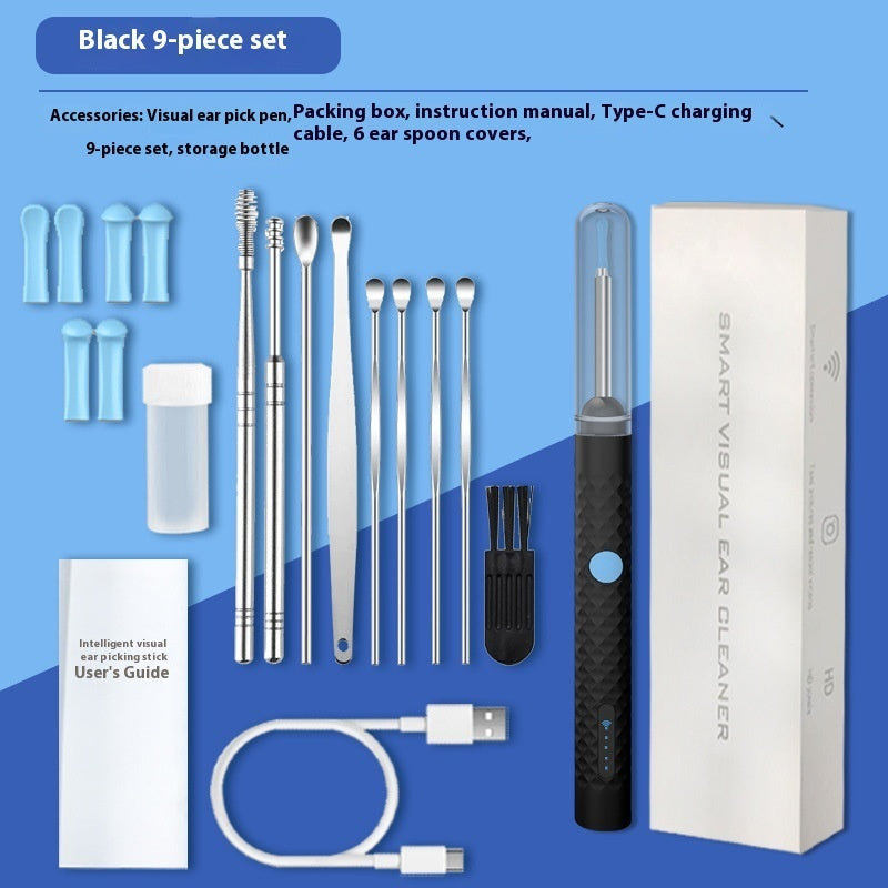 Complete black 9-piece smart visual ear cleaner kit with camera ear pick, metal ear tools, silicone tips, USB Type-C charging cable, cleaning brush, storage bottle, user guide, and retail box.
