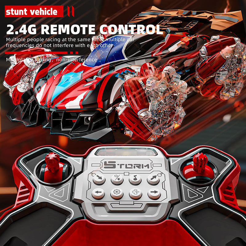 Red stunt RC car with 2.4GHz remote control and multi-directional wheels