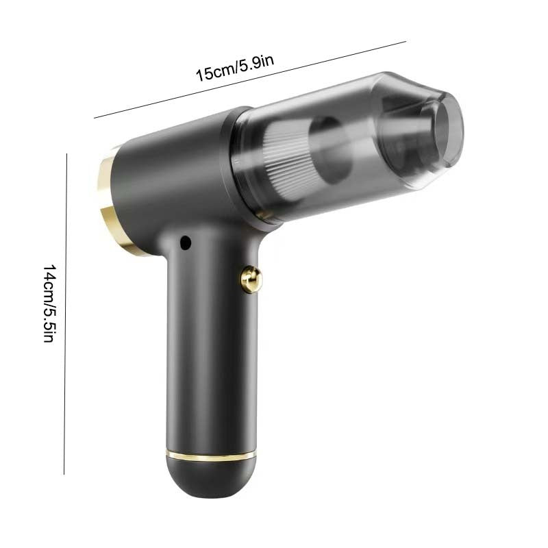 Sleek black handheld vacuum cleaner with transparent dust chamber and gold accents, shown with product dimensions 15cm × 14cm (5.9in × 5.5in).