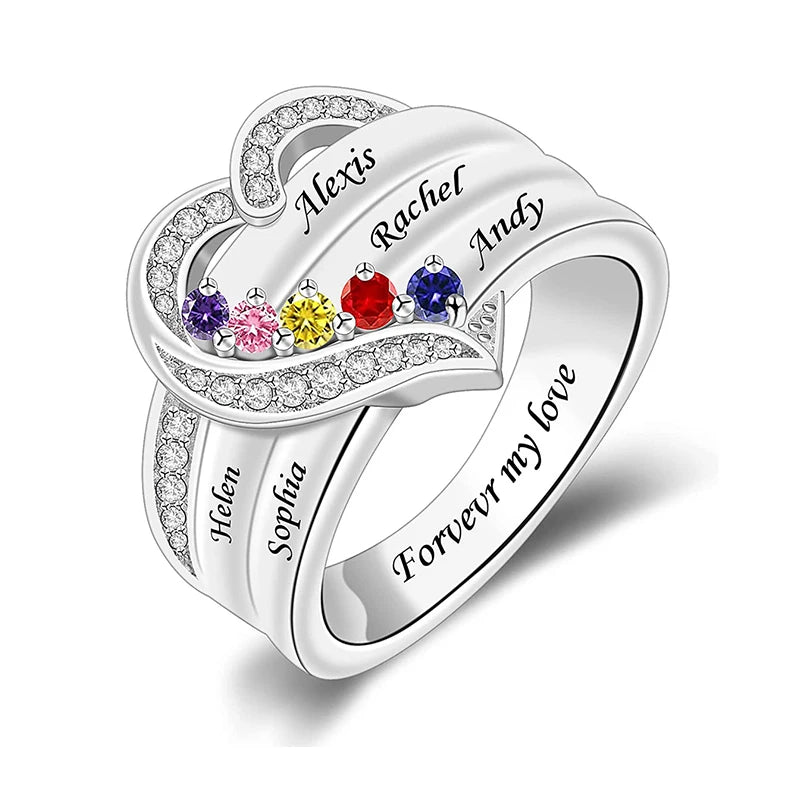 Silver ring with colorful gemstones and engraved names on a white background