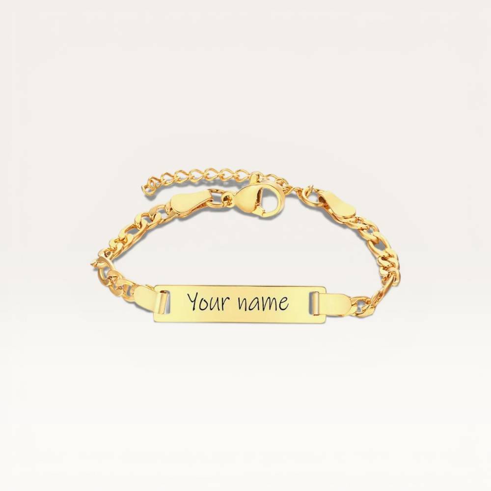 Gold bracelet with 'Your name' engraving on a light gray background