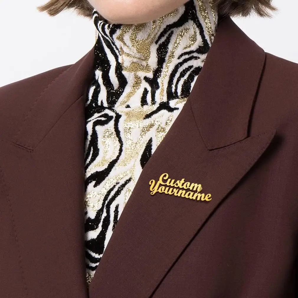 Brown blazer with a zebra pattern scarf and 'Custom Yourname' embroidery.