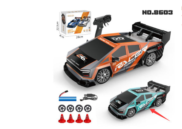 Toy car with remote control, packaging, and accessories on a white background