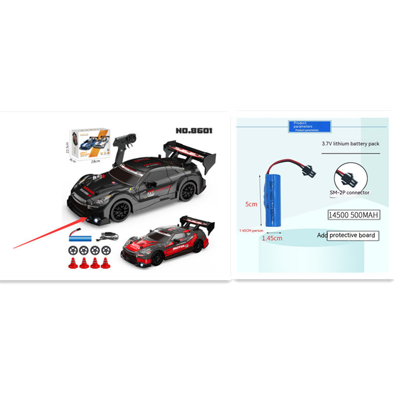 Toy car set with remote control, battery pack, and accessories on a white background
