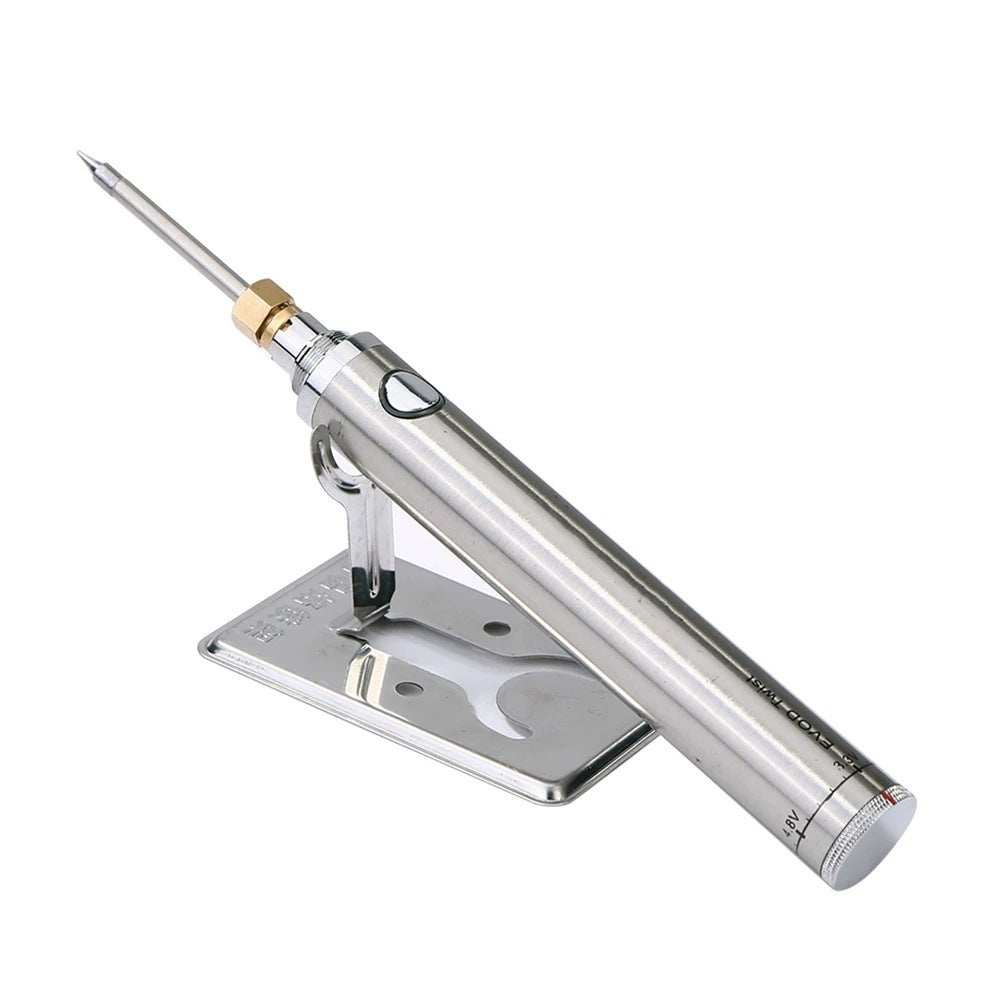 Stainless steel cordless soldering iron with EVOD Twist voltage adjustment, mounted on a metal stand for safe handling.