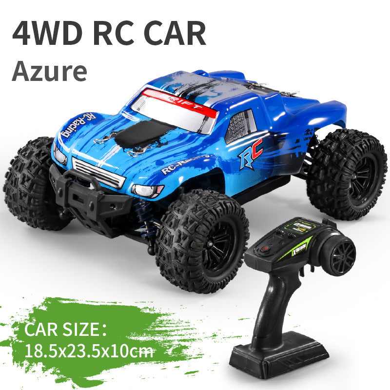Blue 4WD RC car with remote control on a white background