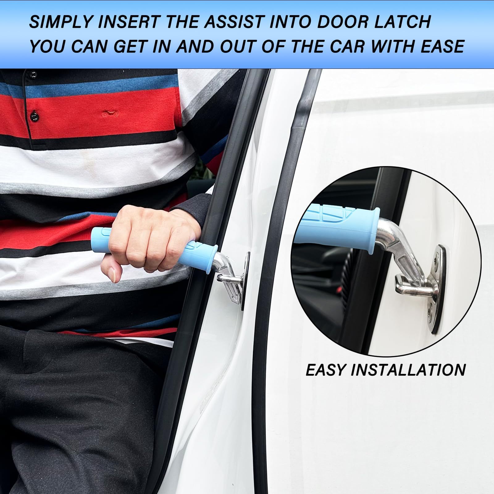 Person using a blue portable vehicle support handle inserted into car door latch for easy entry and exit, highlighting simple installation design.