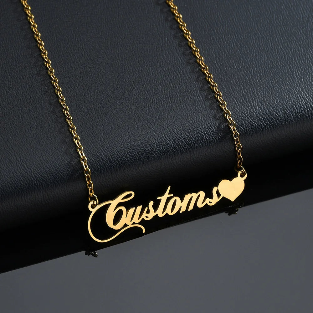 Gold necklace with 'Customs' pendant on a black background