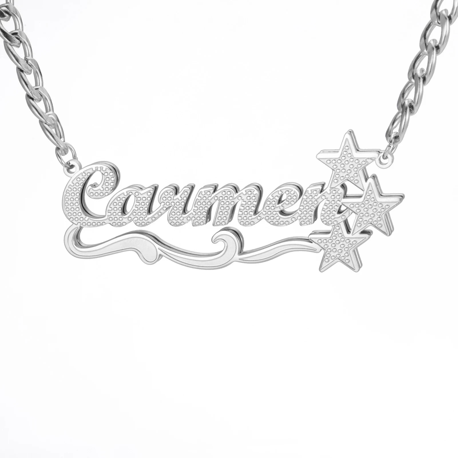 Silver necklace with 'Caroline' engraved on a white background