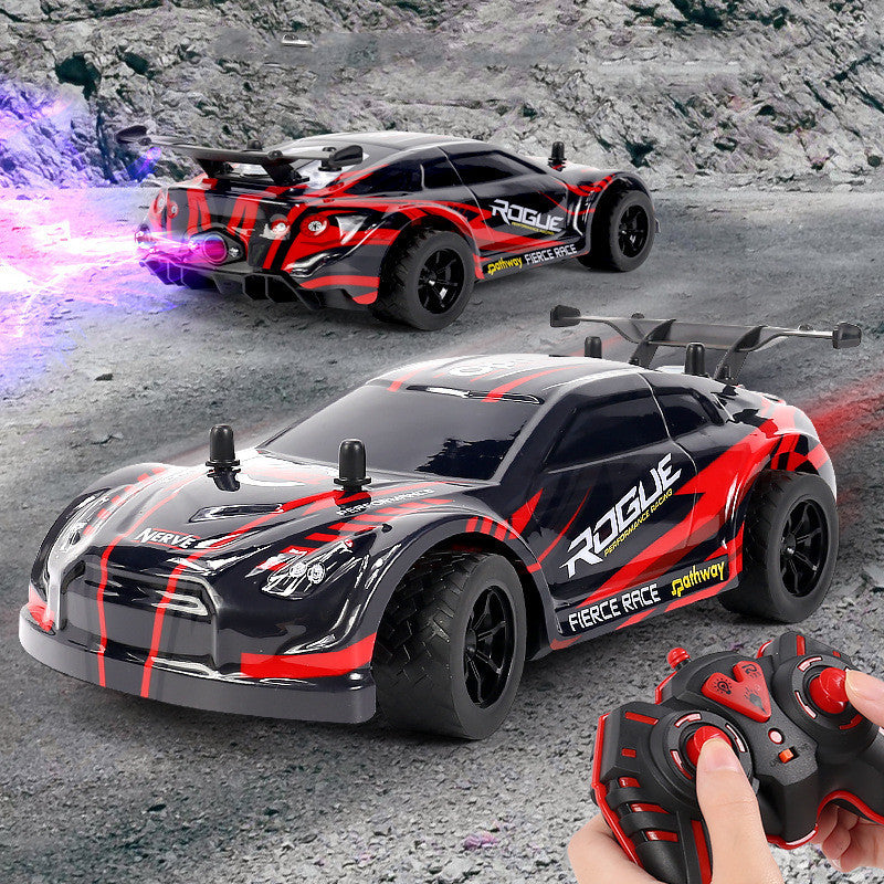 Two red RC drift cars racing on rocky terrain with glowing tail lights and remote control in action.