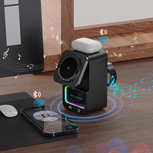 A Bluetooth speaker and a wireless charger integrated into a single device, with a black body and a white top, displaying LED indicators and Bluetooth signal icons.