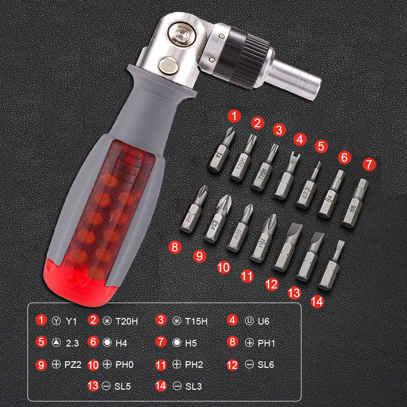 Versatile magnetic ratchet screwdriver set with 14 precision bits, labeled for multiple functions including PH, SL, H, T, and U types for various repair tasks.