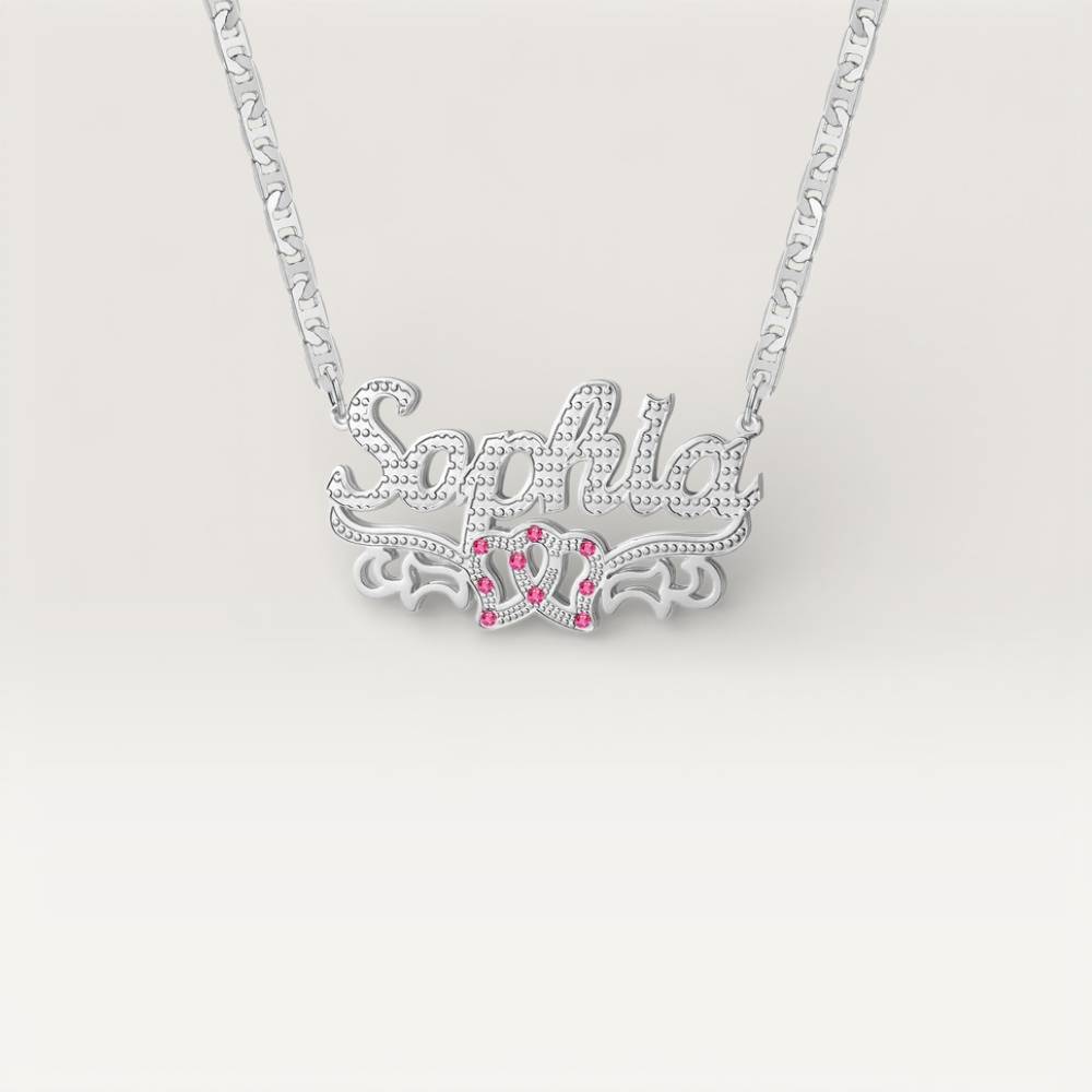 Silver necklace with 'Sophia' and heart-shaped pink gemstones on a white background