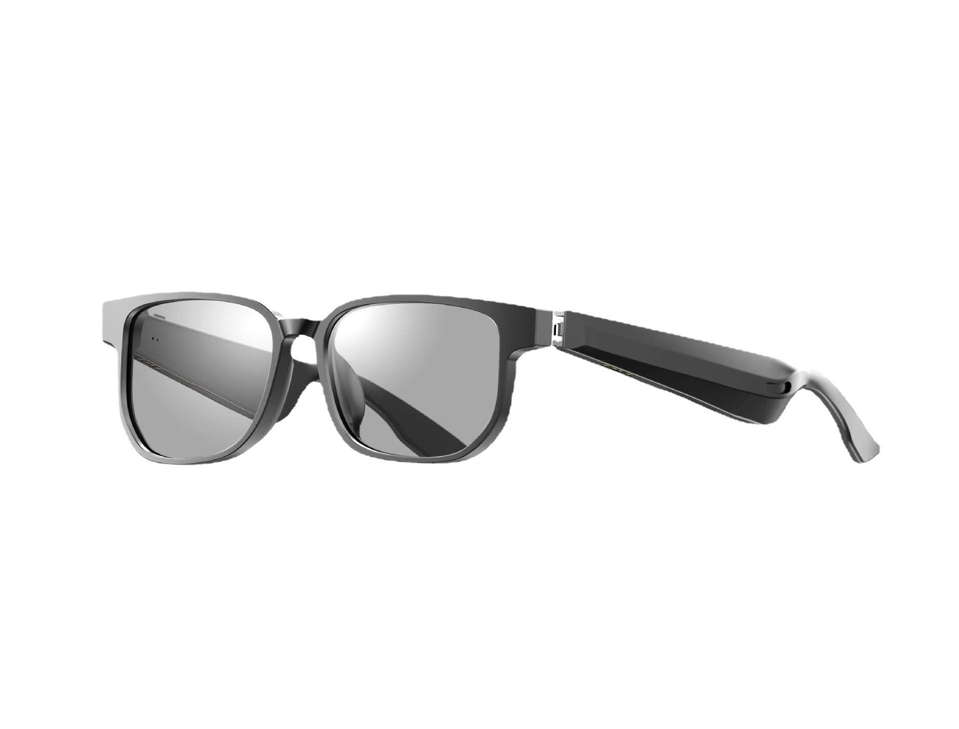 A pair of black smart Bluetooth audio glasses with a square design, promoting features such as music listening and phone call functionality.