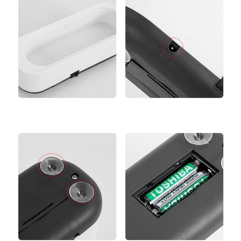 Close-up view of a multifunctional sterilization box highlighting its key features—battery compartment with AA batteries, suction cups for secure placement, power switch, and internal wiring port.