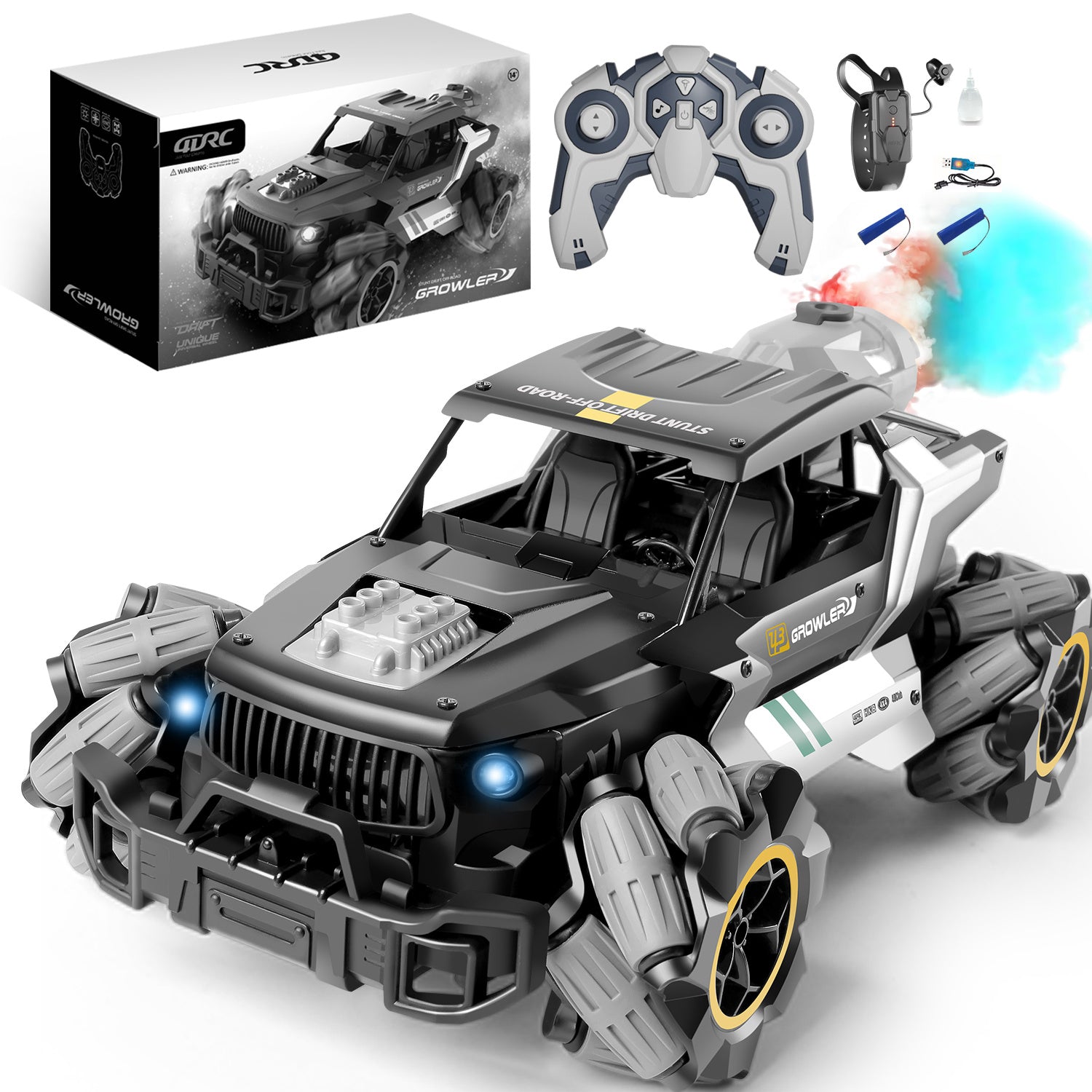 RC car set with controllers, spray, and packaging box