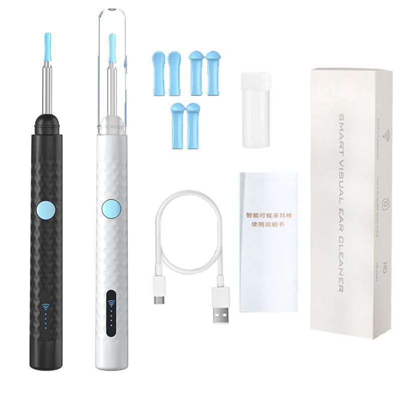 Complete smart visual ear cleaner kit with black and white ear picks, extra silicone tips, Type-C charging cable, storage box, and user manual.