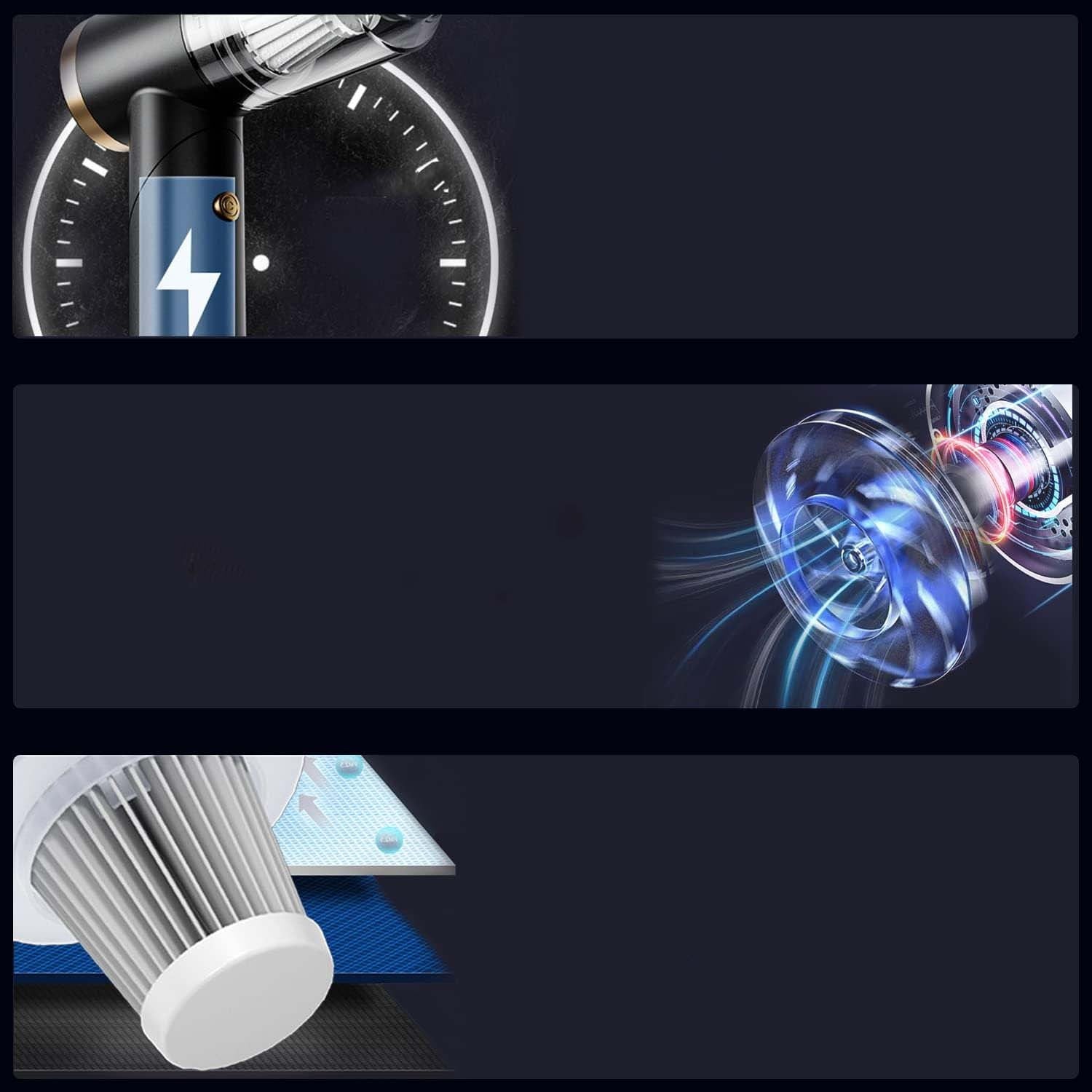 Powerful handheld vacuum cleaner showcasing high suction performance with blue energy swirl and visible particle collection, highlighting power gauge, high-speed motor turbine, and precision HEPA filter system.