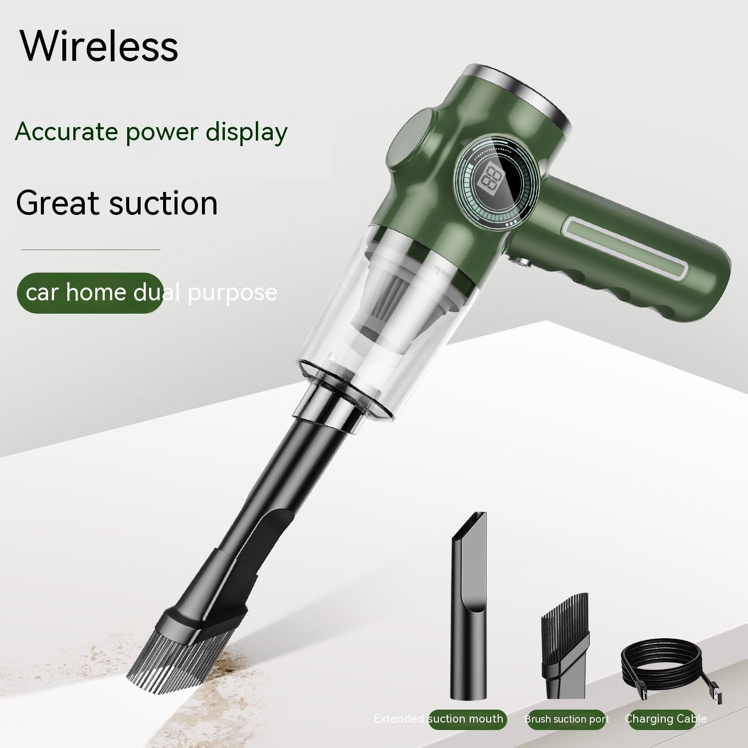 A handheld vacuum cleaner in green color being used on a car seat, showing the vacuum head inserted into a crevice tool.