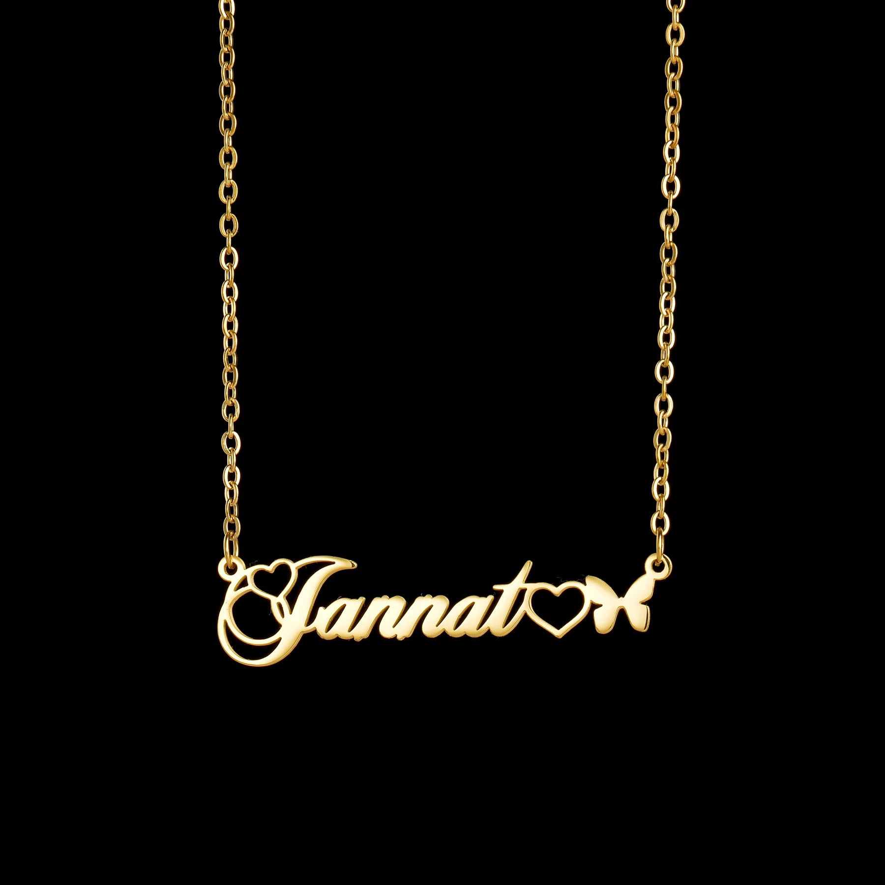 Gold name necklace with 'Jannat' on a black background