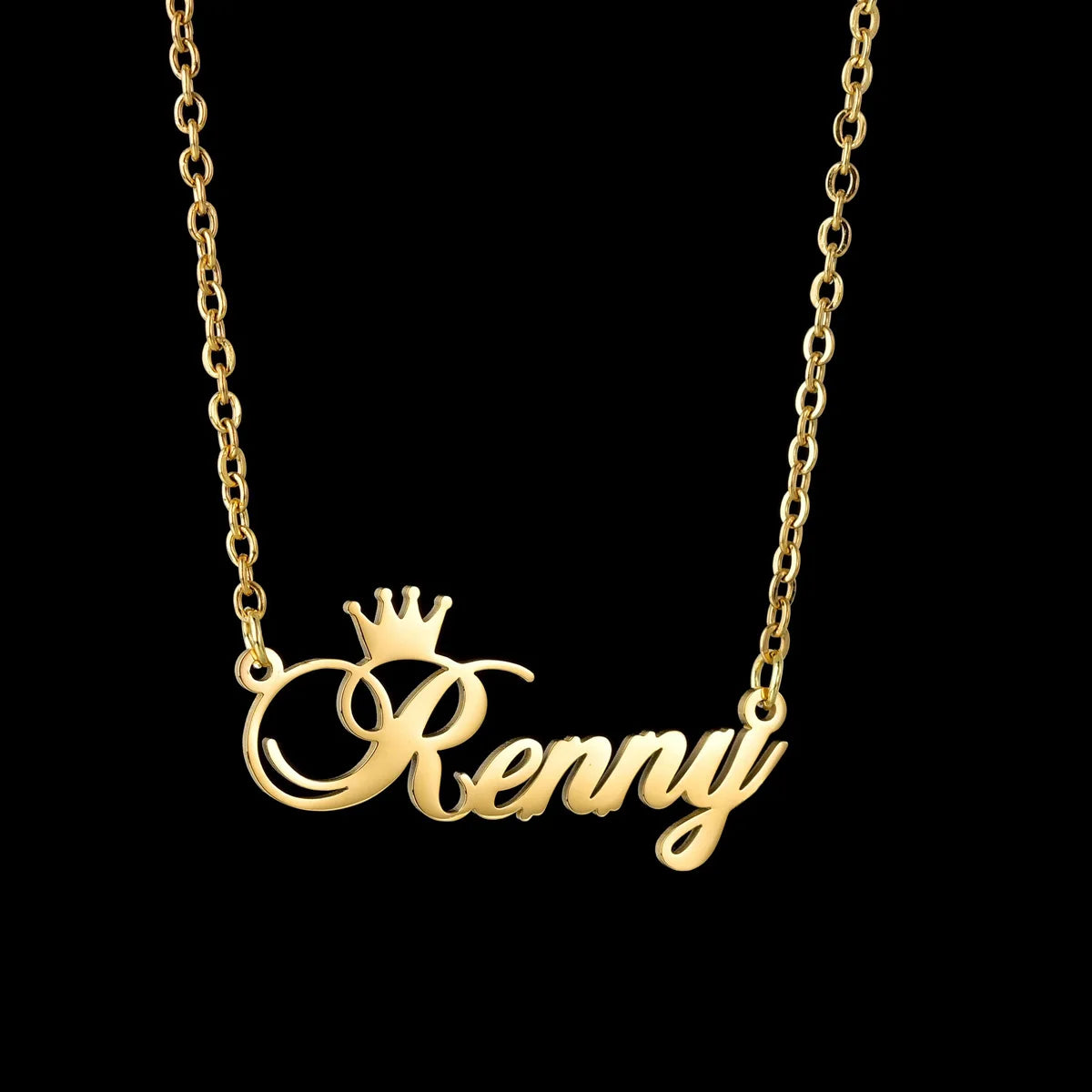 Gold necklace with 'Kenny' pendant on a black background
